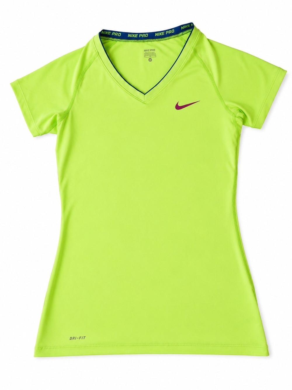Nike Pro Dri-FIT Neon Green Short Sleeve Athletic Top, Blue Trim, Women's Medium